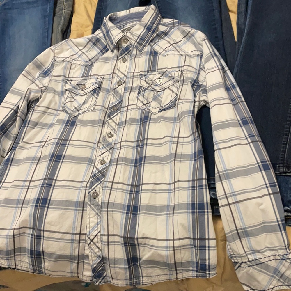 Mens Large BKE Athletic Fit Long Sleeve Flannel w/ Buttons. Black, Blue & White